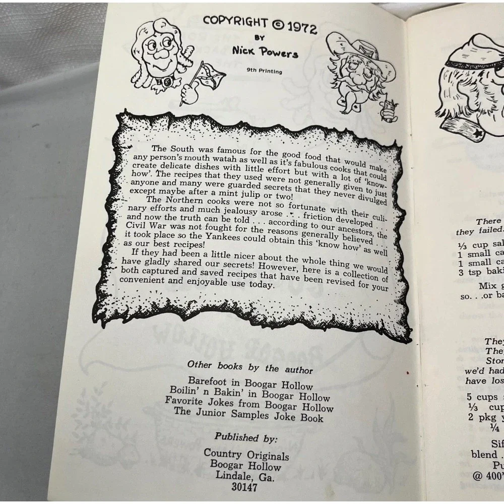 Vintage 1972 Civil War Cookbook from Boogar Hollow Nick Powers Southern Humor